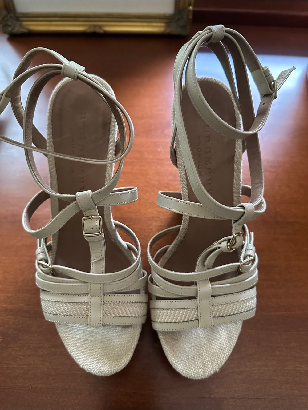 Burberry Beige Strappy Espadrille Heels with Ankle Wrap